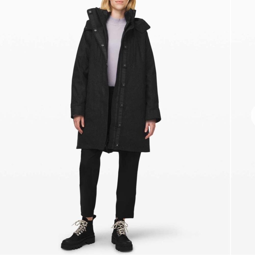 Lululemon Roam Far Long Wool Jacket Heathered Black Size 6 No Inner Jacket